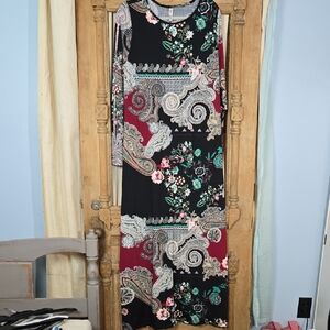 24Seven Comfort Apparel  Black Floral Long Sleeve Dress Size 2X